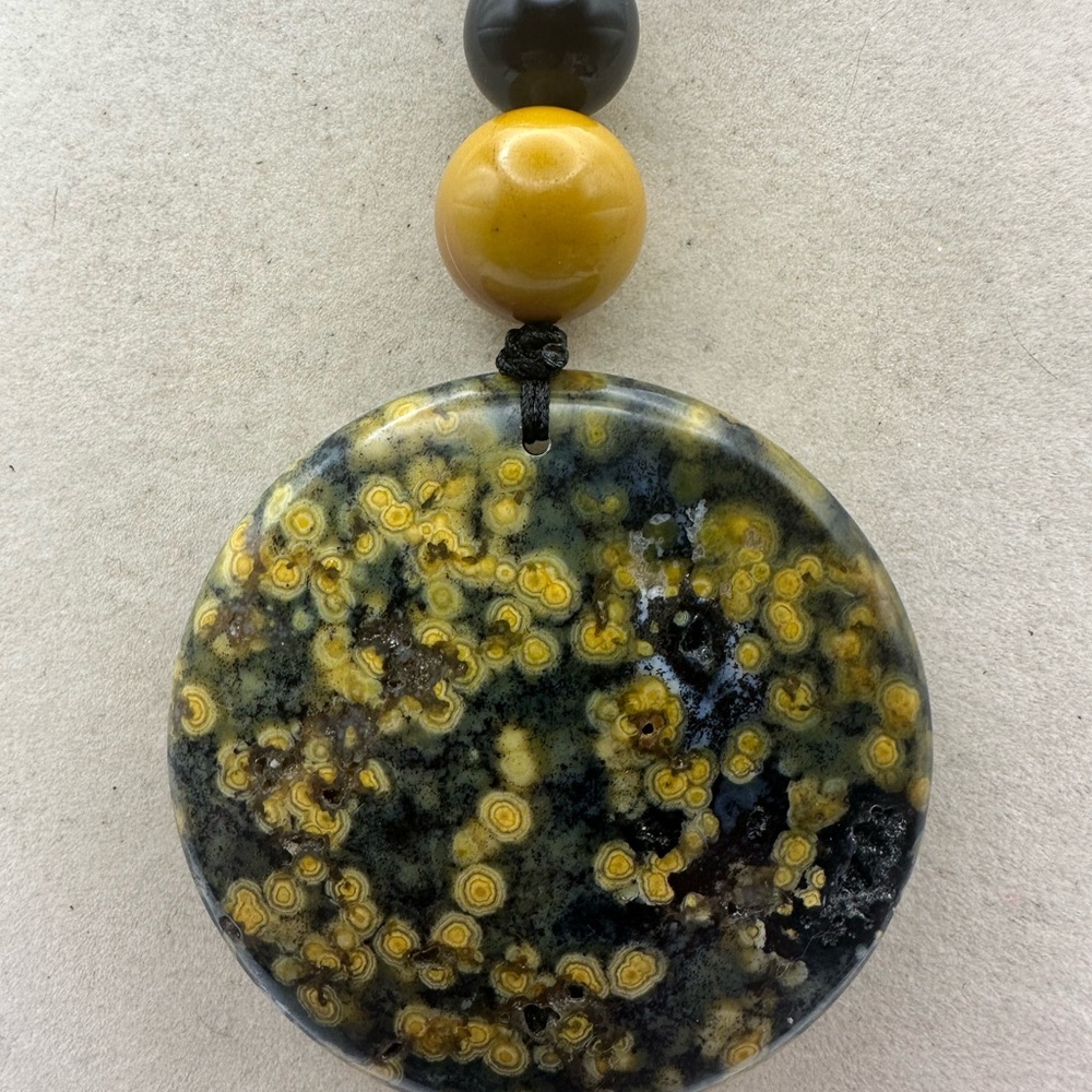 Large Round Ocean Jasper Pendant Necklace with Mookaite Jasper and Onyx on Rope - Picture 4 of 14